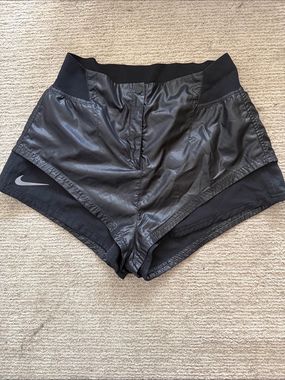 Nike Women's Black Layered Athletic Shorts with Reflective Swoosh